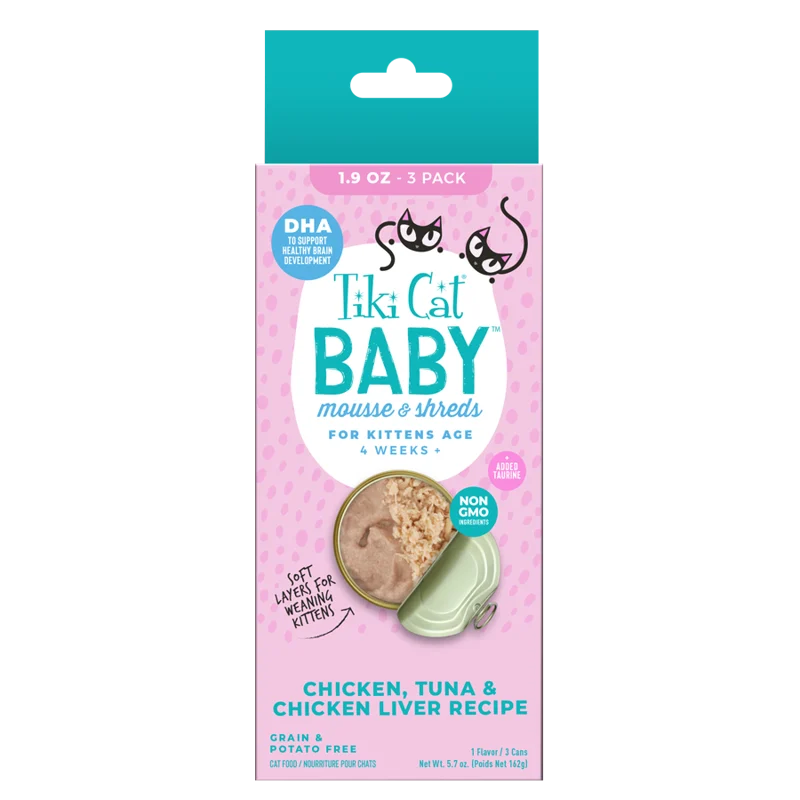 Tiki Cat Baby Mousse & Shreds — Chicken, Tuna & Chicken Liver — 1.9 oz; 3-pack product